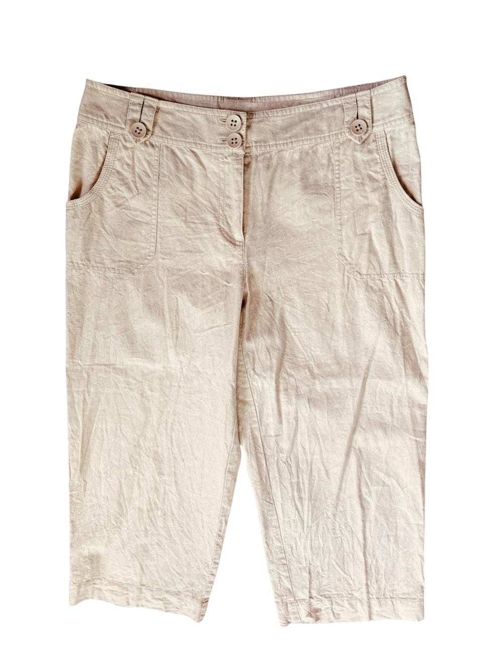 Liz & Co Capri Pants Size 10 Beige Cotton Linen Zipper Button Pockets